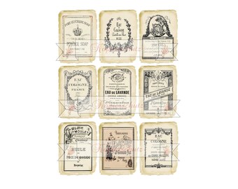 9 Parfumlabel ca 6 x 9 cm sepia  rub on, Wasserschiebefolie, Reispapier,  Klebefolie A 4  Laserdruck für Ihre Dekorations-Ideen. DIY Tattoo