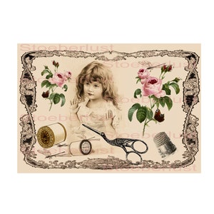 Fille vintage avec kit de couture dans un cadre minable sur A4, décalcomanie, film de transfert à l&#39;eau imperméable, film de transfert, meubles, papier, différentes tailles