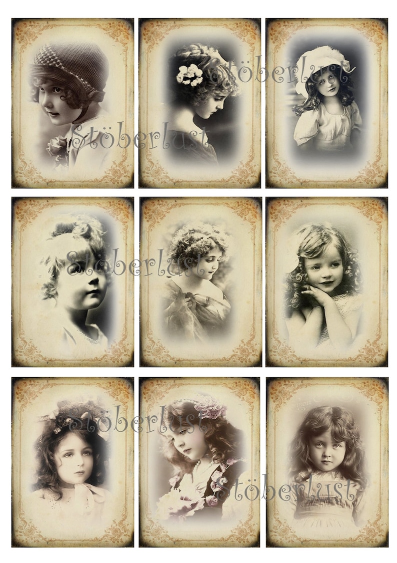 9 ATC Cards girls in shabby frames in sepia instant download digital collage sheet