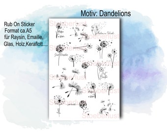 Pusteblumen Dandelions, make a wish Rub-On A5, Transfer-Sticker für z.B. Glas, Gips, Raysin, Keraflott, Holz, Geschenk, mehr im Shop DIY,