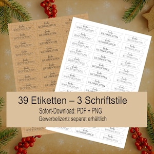 Könnte beinhalten: Blätter mit weihnachtlichen Etiketten mit den Worten "Frohe Weihnachten" in verschiedenen Schriftarten. Die Etiketten befinden sich auf braunem und weißem Papier. Der Text unten lautet "39 Etiketten - 3 Schriftstile".
