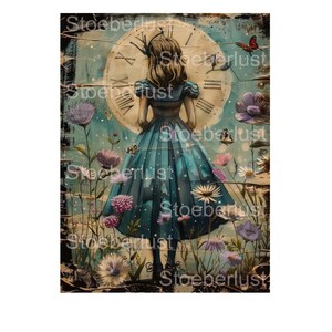 Alice-inspirierte Illustration: Mädchen im blauen Kleid vor einer großen Vintage-Uhr, umgeben von fantasievollen Blumen und einem roten Schmetterling – märchenhaftes Design für DIY und Decoupage.