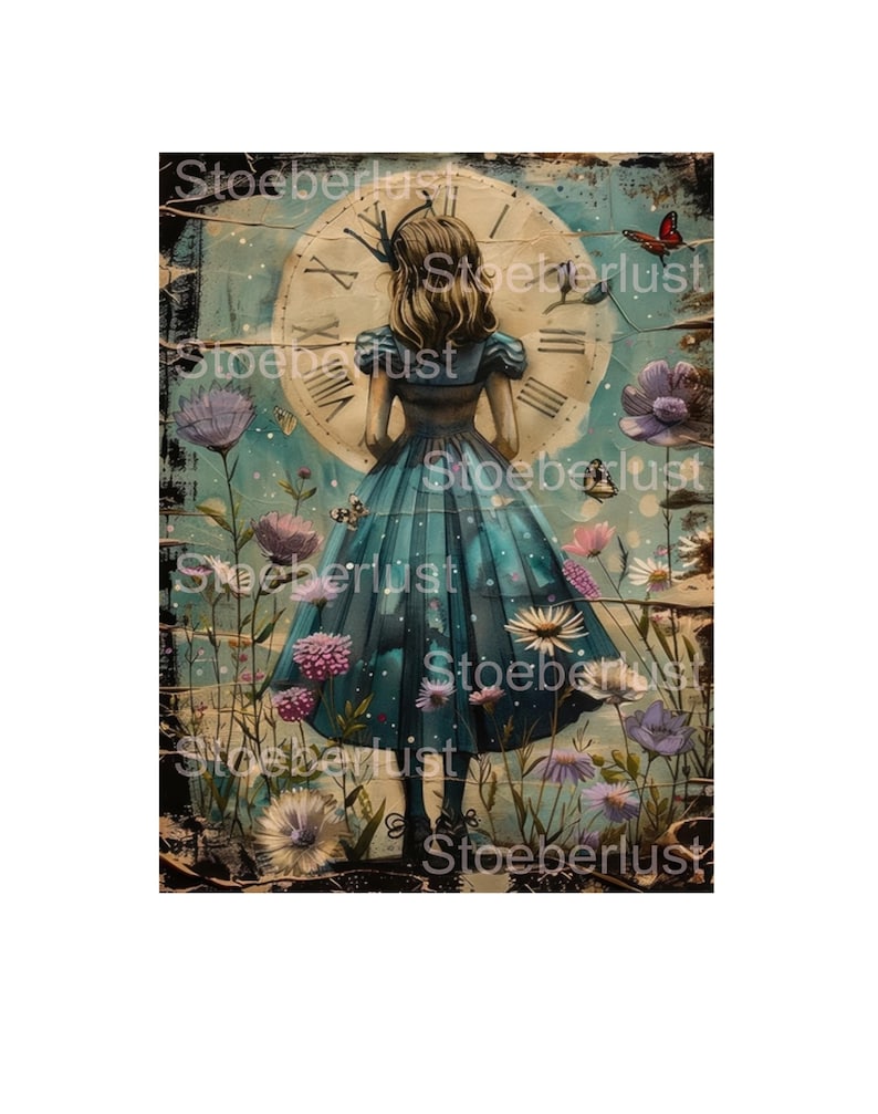 Alice-inspirierte Illustration: Mädchen im blauen Kleid vor einer großen Vintage-Uhr, umgeben von fantasievollen Blumen und einem roten Schmetterling – märchenhaftes Design für DIY und Decoupage.