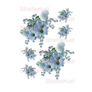 Rub on Classic 6 fiori azzurri su pellicola A4 o pellicola per diapositive ad acqua / pellicola adesiva pellicola per trasferimento laser, mobili, carta, varie dimensioni