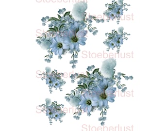 6 lightblue flowers on A 4 Decal waterslide Laser Transfer Furniture, different sizes