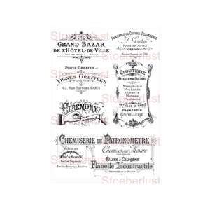 Könnte beinhalten: Eine Sammlung von Vintage-Werbeanzeigen und Schildern in Schwarzweiß. Die Schilder zeigen kunstvolle Typografie und Illustrationen, die für verschiedene Unternehmen wie einen Basar, einen Klempnerbetrieb und einen Hemdenmacher werben.