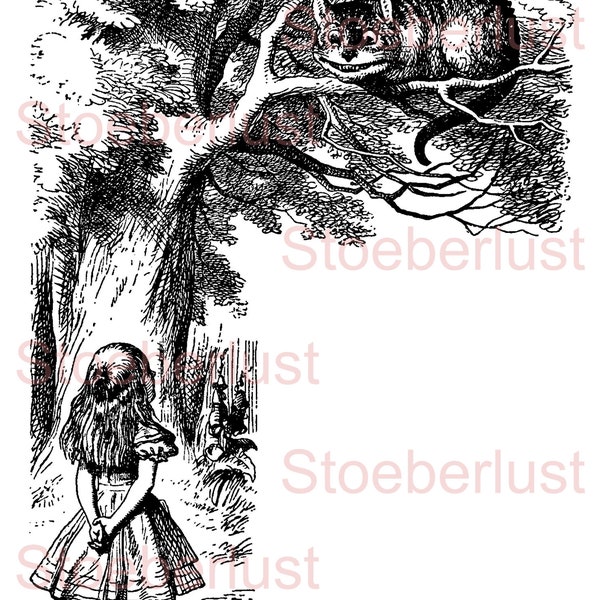 Alice in Wonderland with Cat Tree Lewis Carroll Watertransfer, Decalfoil, Furniture Tattoo, keybound,  different sizes