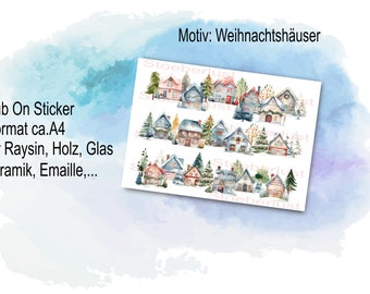3 x Christmas houses  watercolor rub on, Santa A4 or A5 transfer stickers for e.g. glass, plaster, raysin, keraflott, wood, gift, DIY