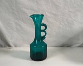 Vintage Rainbow blown glass blue green double finger handle pitcher jug vase mid mod