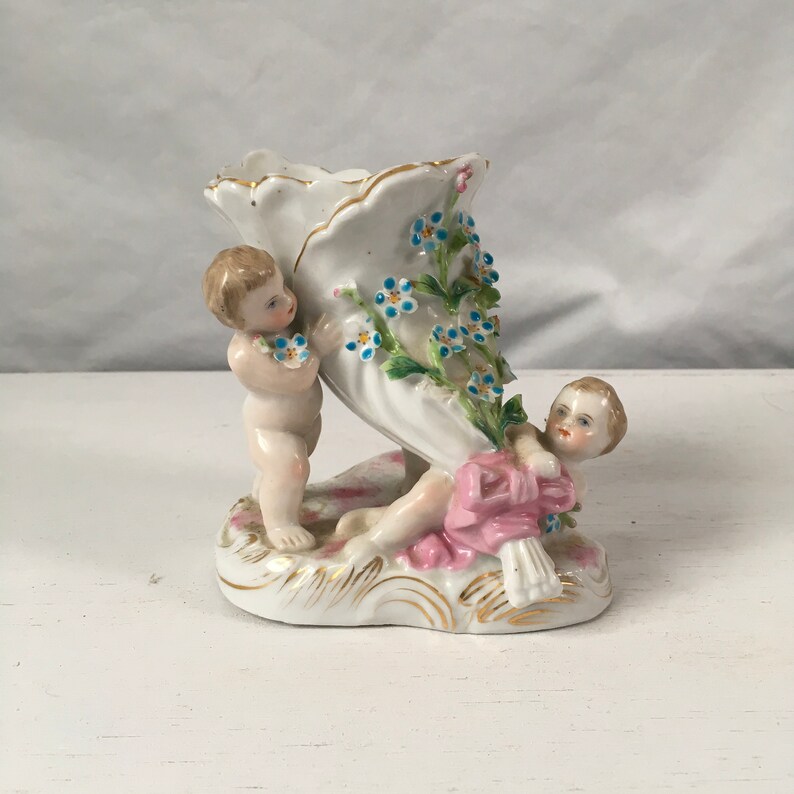 Three Cherubs With Cornucopia Dresden Type Porcelain Figurine Etsy