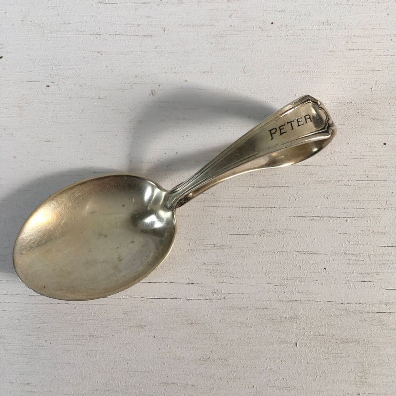 Sterling silver baby feeding spoon engraved Peter Nice vintage Etsy