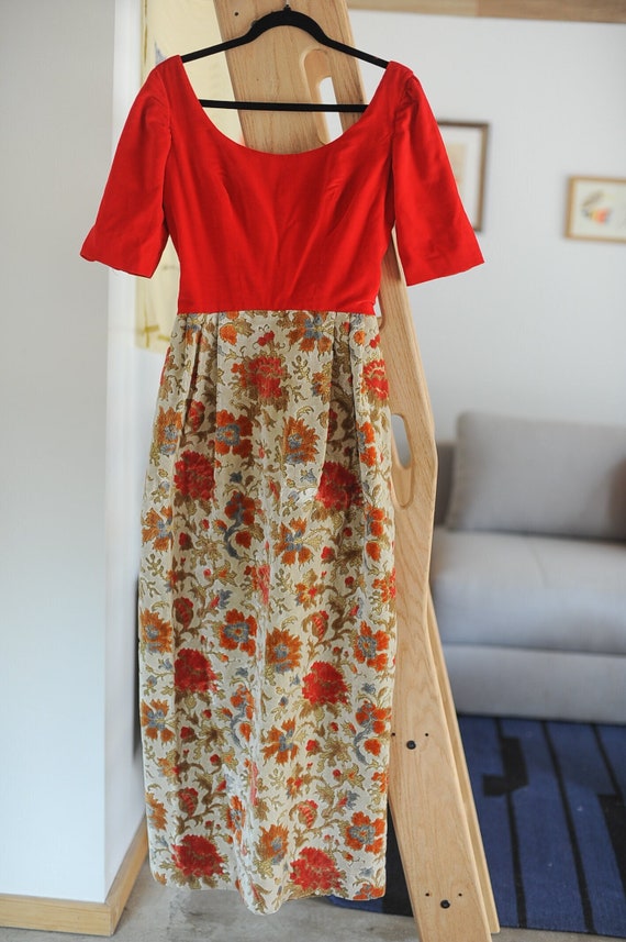 Vintage Red and Floral Velvet 1960s Long Shift - image 1