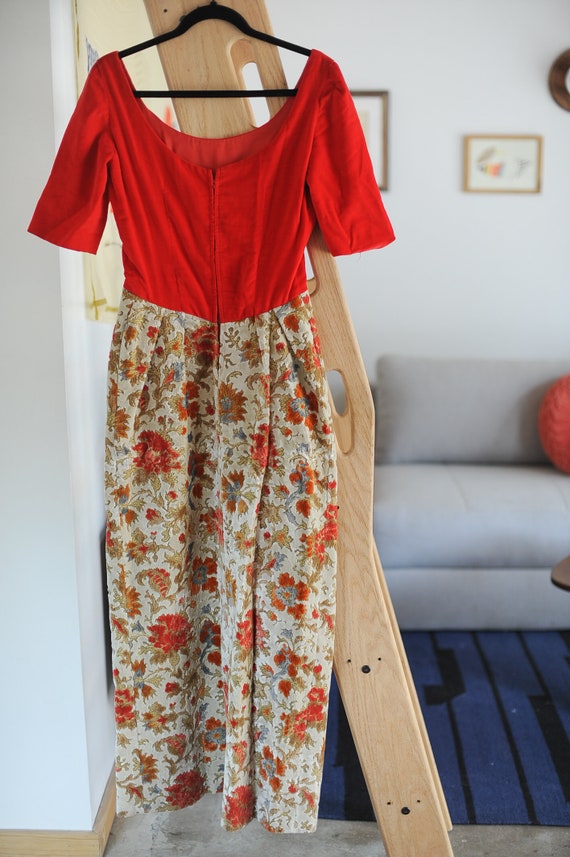 Vintage Red and Floral Velvet 1960s Long Shift - image 2