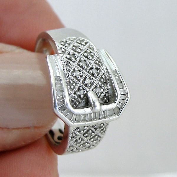 Vintage Diamond Sterling Silver Buckle Ring Band Baguette & Round Diamonds Size 6 3/4