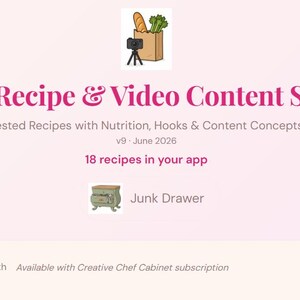 May include: A digital interface titled Jules' Recipe & Video Content Studio featuring a grocery bag icon, text stating Tested Recipes with Nutrition, Hooks & Content Concepts, v9 June 2026, 18 recipes in your app, a Junk Drawer icon, and a Delivery Day button.