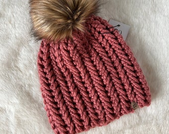 Homebound Beanie- Terra Cotta with tan/brown faux fur pompom