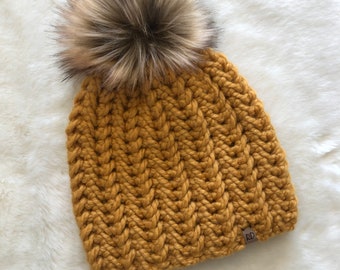 Homebound Beanie- Mustard with tan/brown faux fur pompom