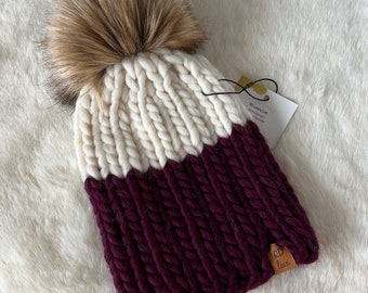 Rivers Edge Beanie- Luxury Line- Cream, wine with tan/brown faux fur pompom