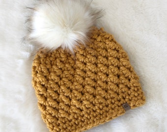 Heritage Beanie- Mustard with cream/tan tipped faux fur pompom