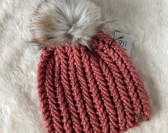 Homebound Beanie- Terra Cotta with 2 toned faux fur pompom