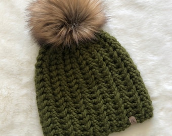 Homebound Beanie- Cilantro with tan/brown faux fur pompom