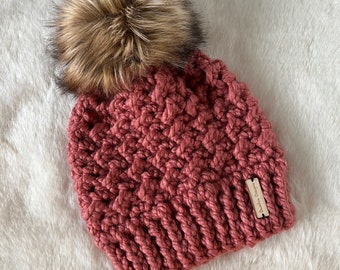 Brunswick Beanie- Terra Cotta with tan/brown faux fur pompom