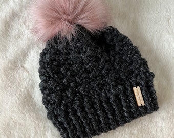 Brunswick Beanie- Charcoal with blush pink faux fur pompom