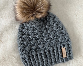 Brunswick Beanie- Slate with tan/brown faux fur pompom