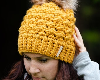 Brunswick Beanie, Chunky Winter Hat, Pompom Hat, Faux fur pompom, Women's Winter Hat, Pompom hat, Crochet Winter Hat
