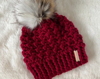 Brunswick Beanie- Cranberry with 2 toned faux fur pompom