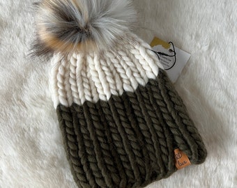 Rivers Edge Beanie- Luxury Line- Cream, Olive with 2 toned faux fur pompom