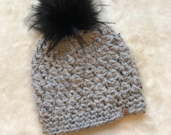 Heritage Beanie- Gray Marble with black faux fur pompom