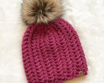 Homebound Beanie- Raspberry with tan/brown faux fur pompom