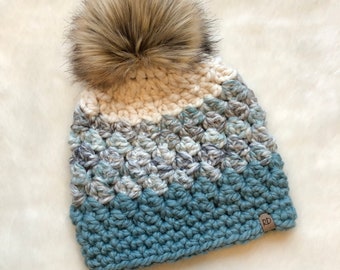 Heritage Beanie- Fisherman, Seaglass and Succulent with tan/brown faux fur pompom (Colorblock style)