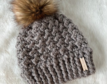 Brunswick Beanie- Driftwood (taupe) with tan/brown faux fur pompom