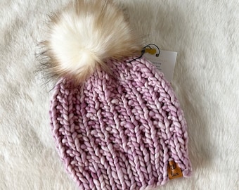 Uptown Beanie- Luxury Line- Valentina (Blush pink) with cream, light brown tipped faux fur pompom