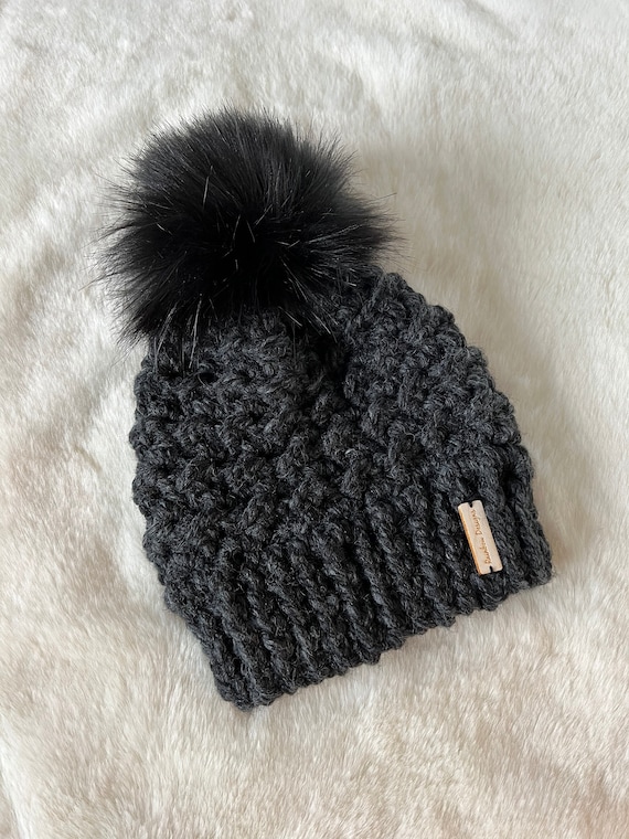 Brunswick Beanie- Charcoal With Black Faux Fur Pompom - Etsy display picture 3