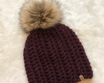 Homebound Beanie- Claret with tan/brown faux fur pompom