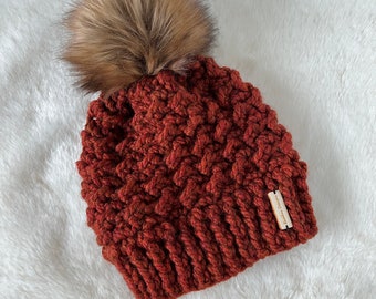 Brunswick Beanie- Spice with tan/brown faux fur pompom