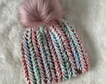 Homebound Beanie- Carousel with blush pink faux fur pompom