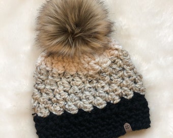 Heritage Beanie- Fisherman, Oatmeal and Black with tan/brown faux fur pompom (Colorblock Style)