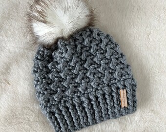 Brunswick Beanie- Slate with white, brown tipped faux fur pompom