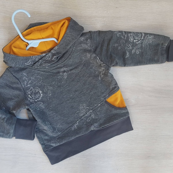 Grey Floral Grow With Me Hoodie with Mustard Yellow Accents / 1T 2T 3-4T 5-6T Grey Floral Baby Toddler Pullover Hoodie / First Birthday Set