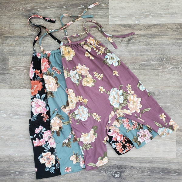 floral romper toddler / black plum aqua floral print halter top summer romper / 1T 2T 3T 4T toddler romper / floral baby girl summer romper