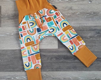 Kids Rainbow Joggers / Mustard Yellow Rainbow Grow With Me Kids Jogger Pants with Pockets / Baby Toddler Grow Pants / Cloth Diaper Pants