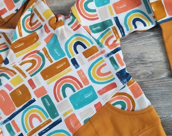 Kids Rainbow Print Hoodie, Mustard Yellow Cuffs, with Pocket, Grow With Me Pullover