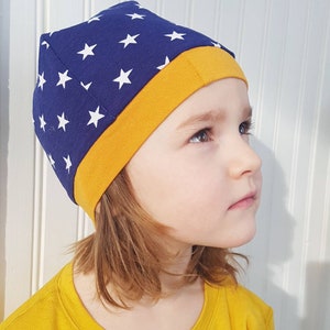 Stars Toddler Beanie // 1-3T // White Stars on Navy Blue with Mustard Yellow Trim Navy Toddler Kids Beanie // Stars on Navy Baby Beanie