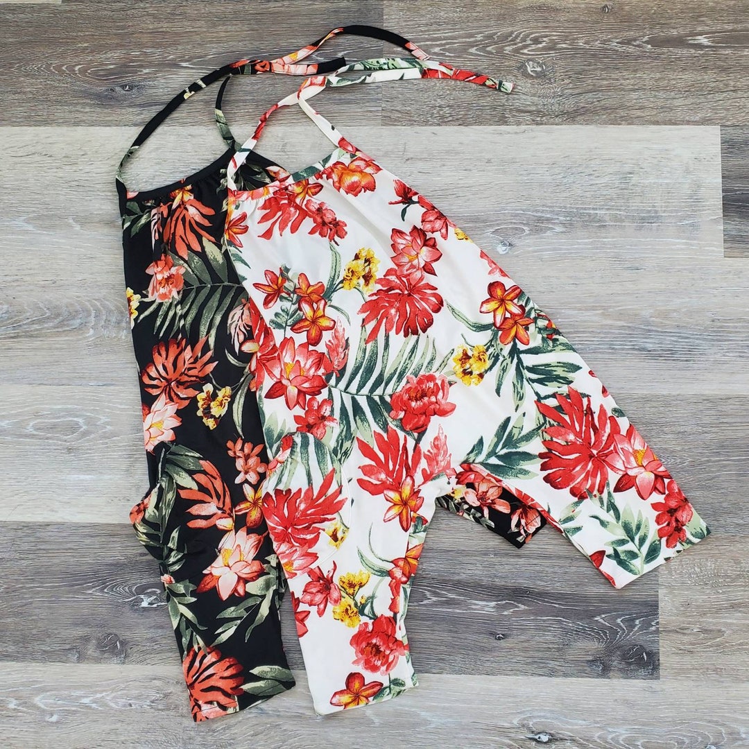 Tropical Floral Romper / Black White Floral Tropical Print Halter Top ...