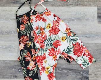 tropical floral romper / black white floral tropical print halter top summer romper / 1T 2T 3T 4T toddler / floral baby girl summer romper