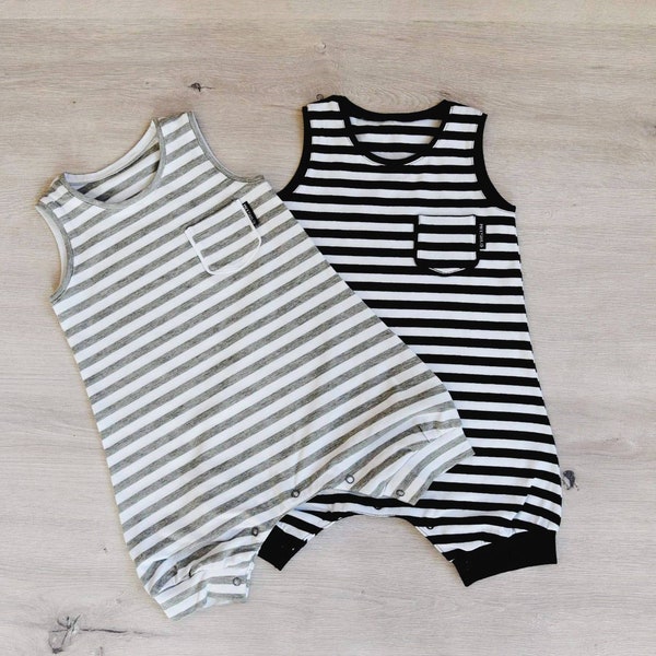 grey striped black striped baby toddler tank romper with snap closure / 1T 2T toddler / tank romper / baby tank romper / baby jumper /